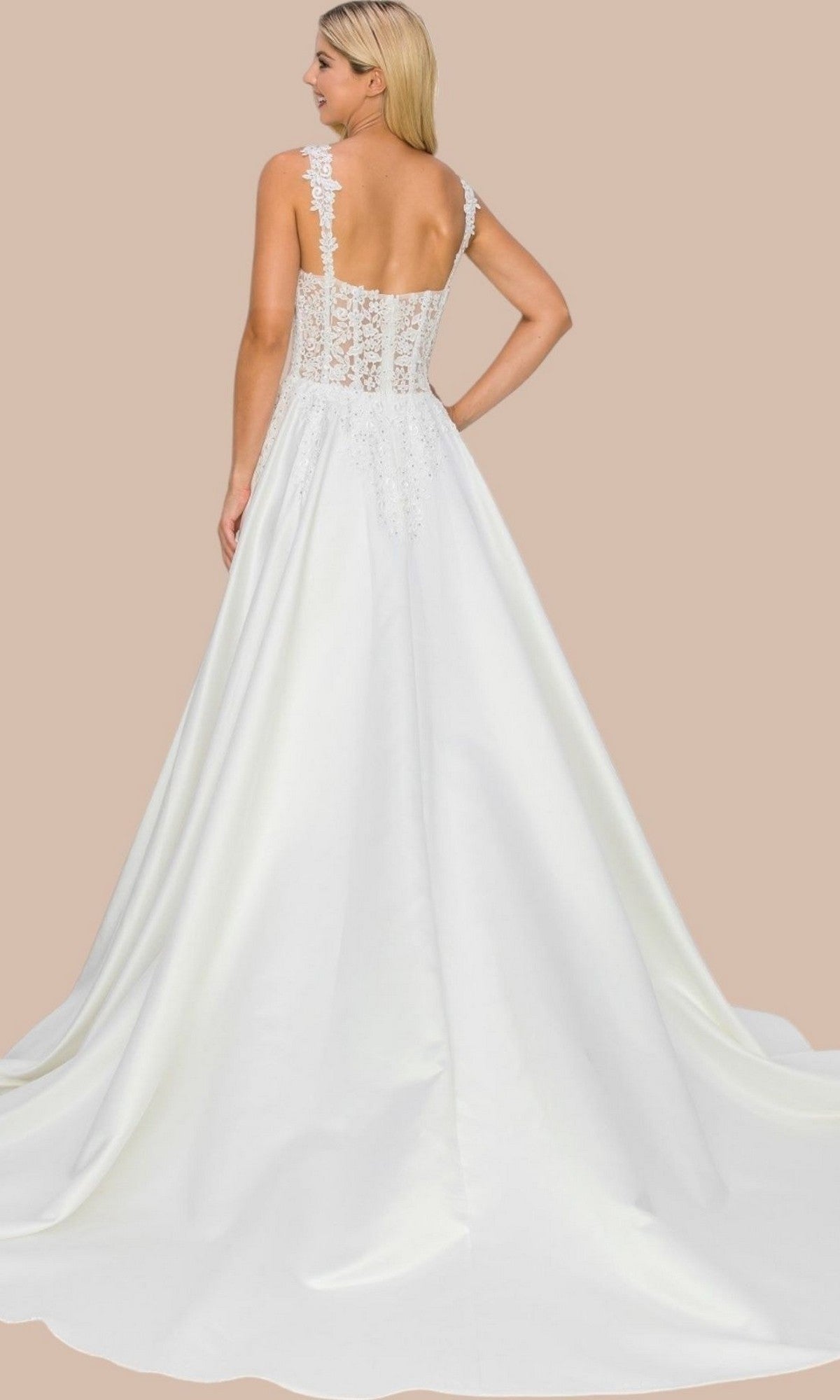 A woman is shown from the back against a plain beige background, wearing the Long Formal Dress: Cinderella Couture 8041J—a satin white gown with a lace corset bodice and a long, flowing train—an elegant choice for bridal celebrations.